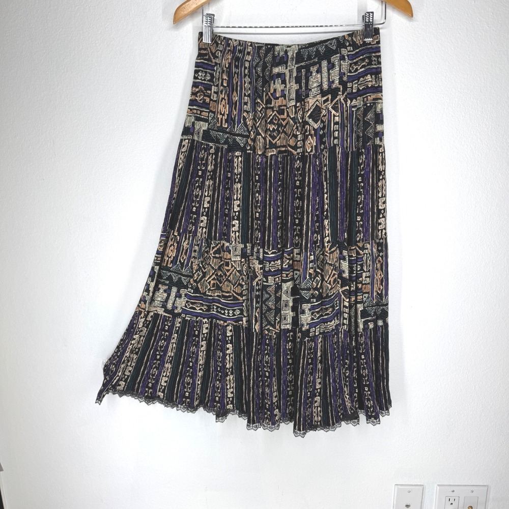 Vintage Southwestern Tiered Maxi Skirt Black Purple Lace Trim Small Petite Boho